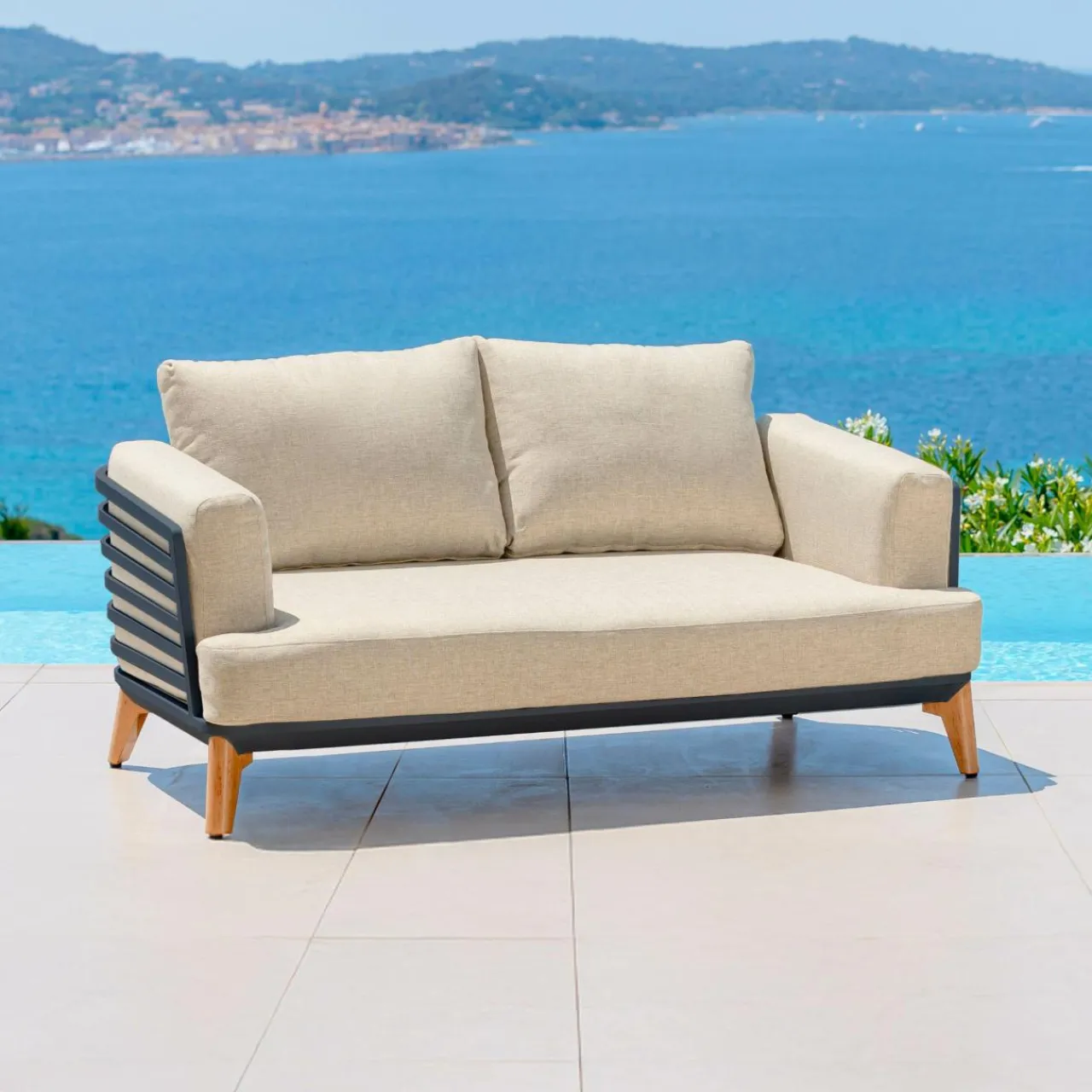 Salon De Jardin|MOBELLIA Salon de jardin aluminium 5 places 4 pcs Monte Carlo Gris anthracite et beige Anthracite - Beige