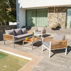 Salon De Jardin|MOBELLIA Salon de jardin aluminium et bois teck 5 places Bali et gris clair Blanc