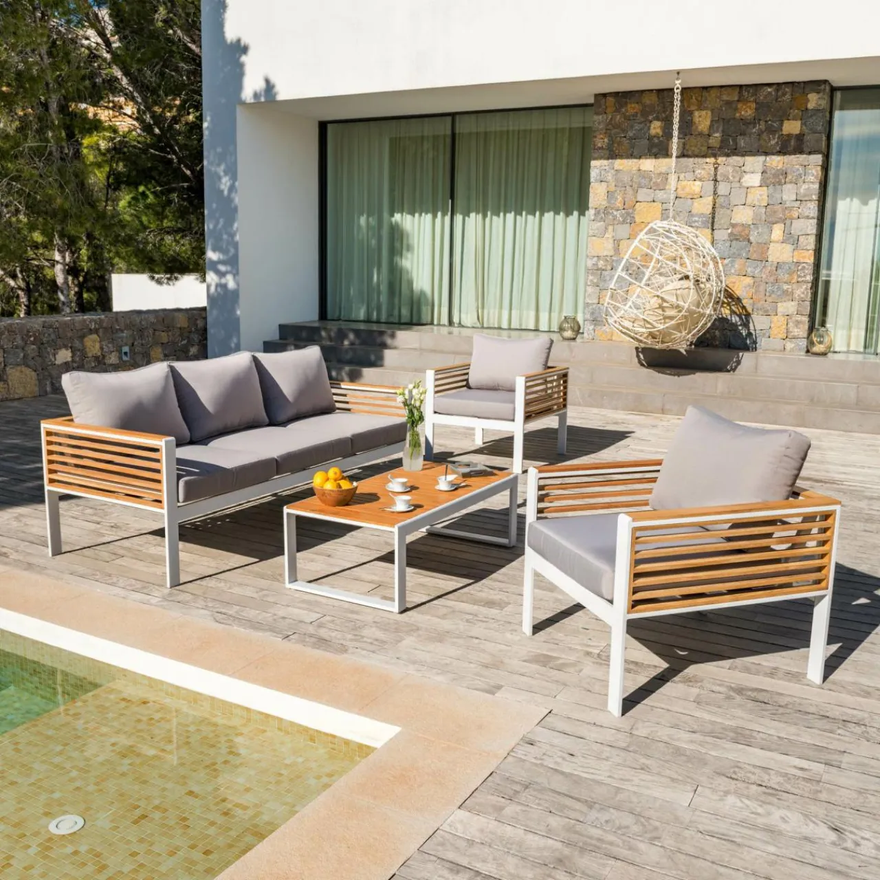 Salon De Jardin|MOBELLIA Salon de jardin aluminium et bois teck 5 places Bali et gris clair Blanc