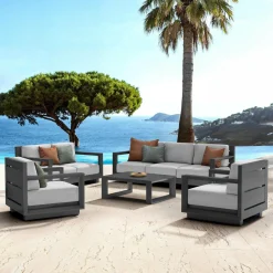 Salon De Jardin|MOBELLIA Salon de jardin aluminium 7 places 5 pcs Elba Gris anthracite et gris clair Anthracite - Gris Clair