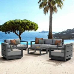 Salon De Jardin|MOBELLIA Salon de jardin aluminium 7 places 5 pcs Elba Gris Anthracite