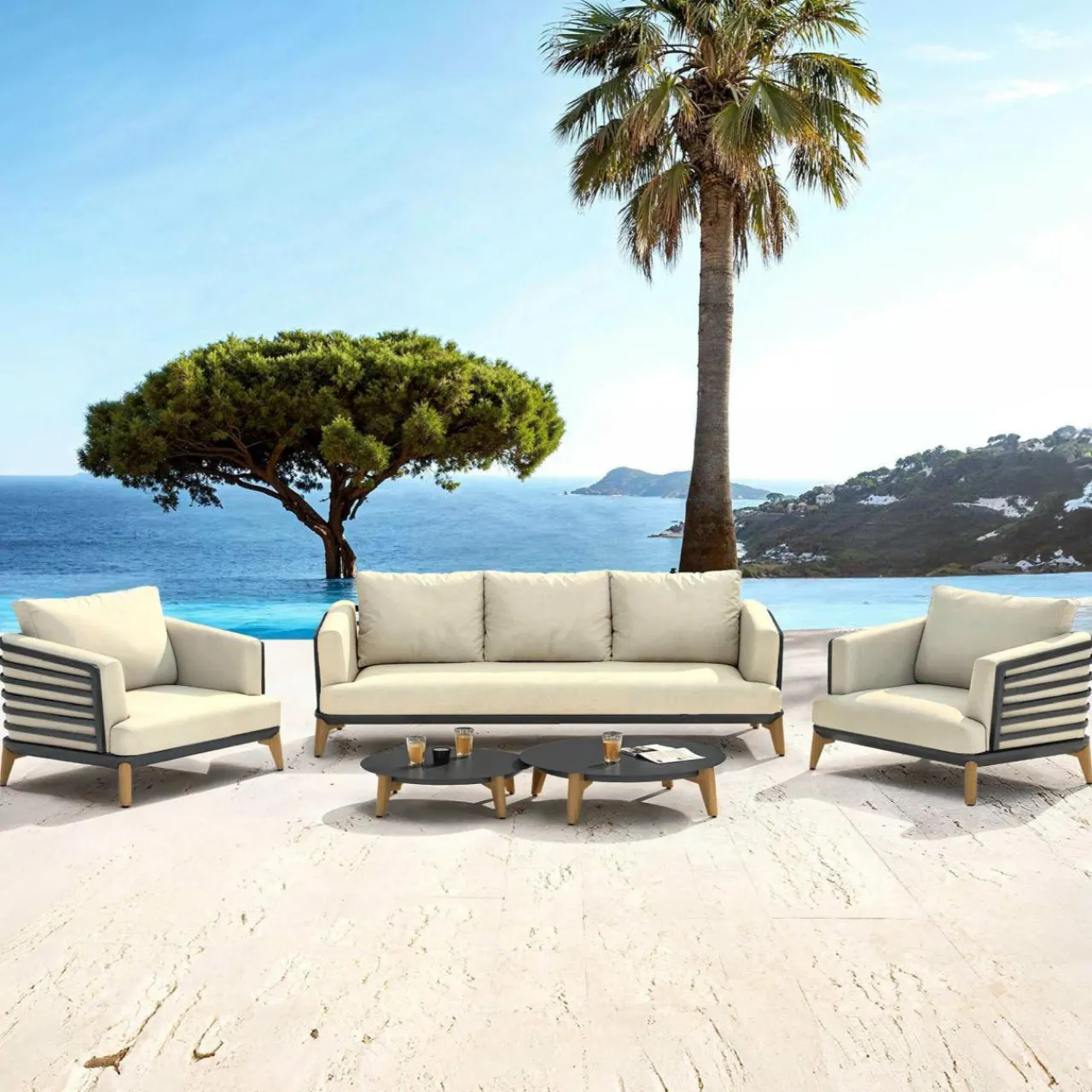 Salon De Jardin|MOBELLIA Salon de jardin aluminium 5 places 5 pcs Monte Carlo Gris anthracite et beige Anthracite - Beige