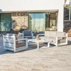 Salon De Jardin|MOBELLIA Salon de jardin aluminium 5 places 4 pcs Elba Blanc et taupe Blanc - Taupe