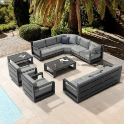 Salon De Jardin|MOBELLIA Salon de jardin d'angle aluminium 10 places Elba Gris Anthracite