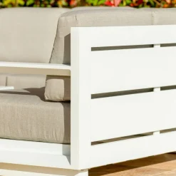 Salon De Jardin|MOBELLIA Salon de jardin d'angle aluminium 5 places Elba Blanc et taupe Blanc - Taupe