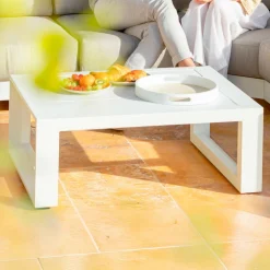 Salon De Jardin|MOBELLIA Salon de jardin d'angle aluminium 5 places Elba Blanc et taupe Blanc - Taupe