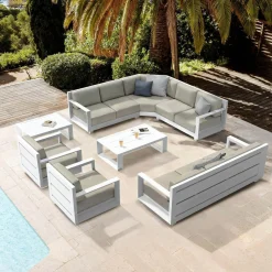 Salon De Jardin|MOBELLIA Salon de jardin d'angle aluminium 10 places Elba Blanc et taupe Blanc - Taupe