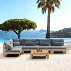 Salon De Jardin|MOBELLIA Salon de jardin d'angle en bois d'acacia 6 places 5 pcs Borneo Gris Anthracite