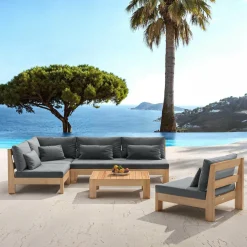 Salon De Jardin|MOBELLIA Salon de jardin d'angle en bois d'acacia 6 places 5 pcs Borneo Gris Anthracite