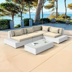 Salon De Jardin|MOBELLIA Salon de jardin d'angle en résine tressée 5 places Palma Blanc et beige Tresse Blanc - Beige