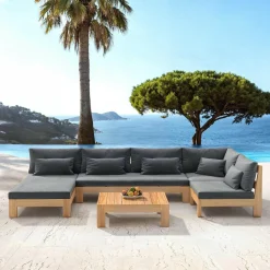 Salon De Jardin|MOBELLIA Salon de jardin d'angle en bois d'acacia 5 places 5 pcs Borneo Gris Anthracite