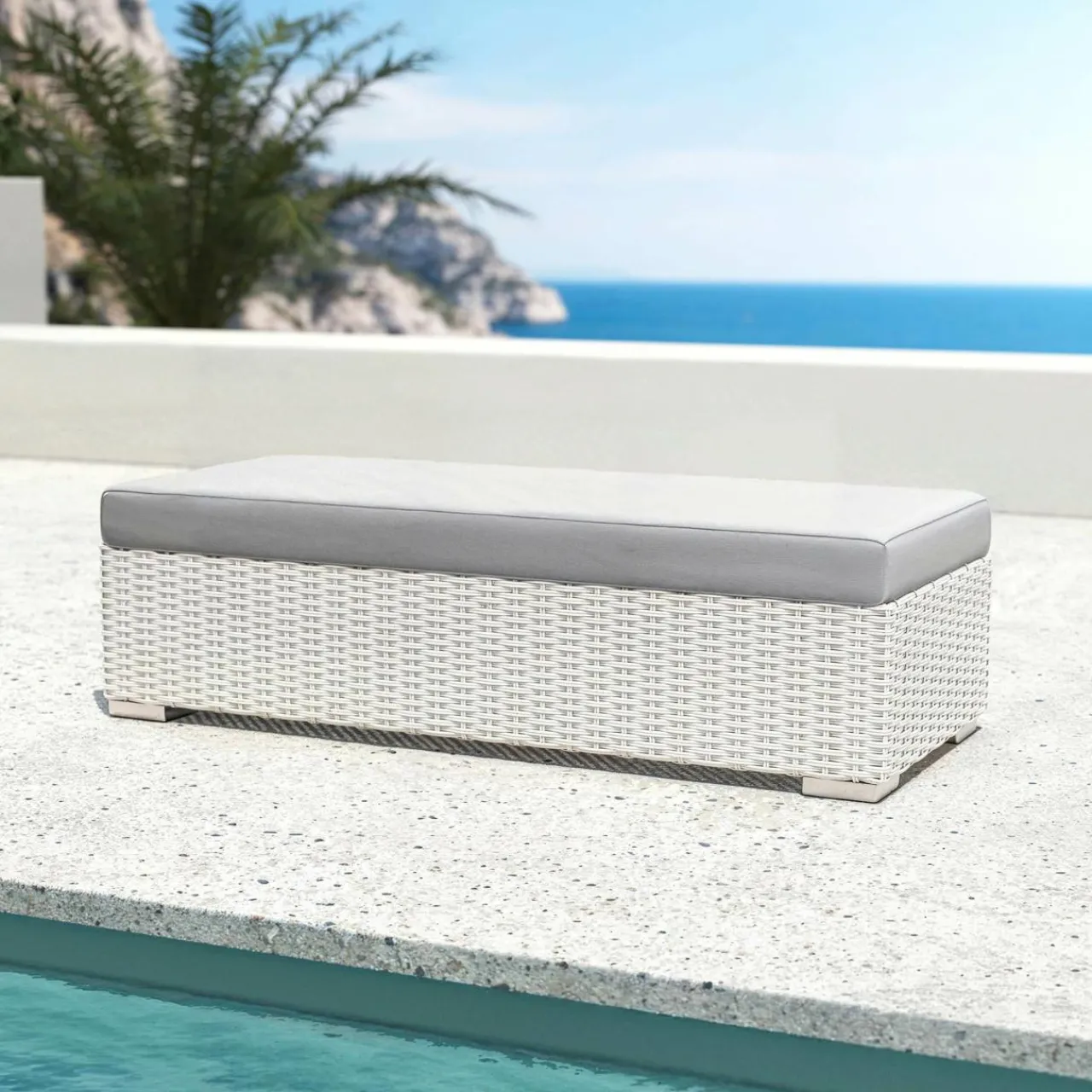 Salon De Jardin|MOBELLIA Salon de jardin d'angle en résine tressée 5 places Palma Blanc et gris Tresse Blanc - Gris