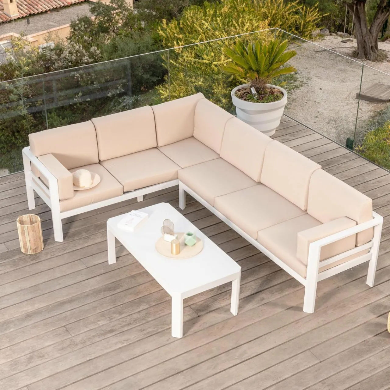 Salon De Jardin|MOBELLIA Salon de jardin d'angle en aluminium 6 places Ostara et taupe Blanc