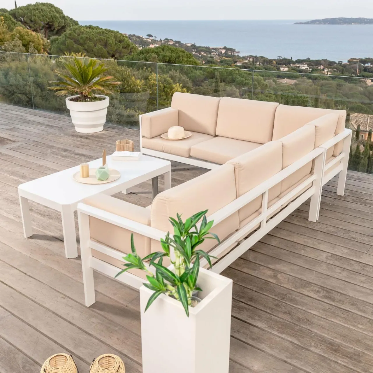 Salon De Jardin|MOBELLIA Salon de jardin d'angle en aluminium 6 places Ostara et taupe Blanc