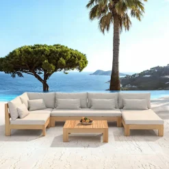 Salon De Jardin|MOBELLIA Salon de jardin d'angle en bois d'acacia 5 places 5 pcs Borneo Sable