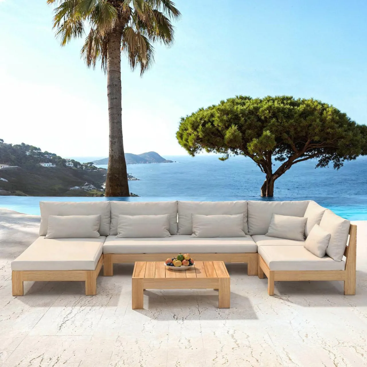 Salon De Jardin|MOBELLIA Salon de jardin d'angle en bois d'acacia 5 places 5 pcs Borneo Sable