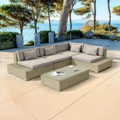 Salon De Jardin|MOBELLIA Salon de jardin d'angle en résine tressée 5 places Palma Gris et taupe Tressé Gris - Taupe