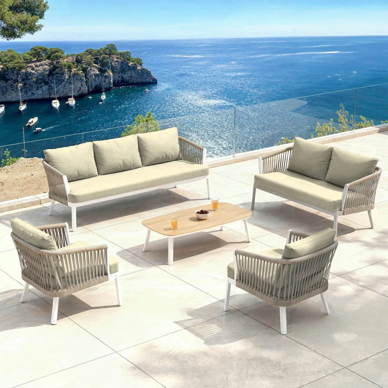 Salon De Jardin|MOBELLIA Salon de jardin en aluminium 7 places 5 pcs Amalfi Blanc et beige Blanc - Beige