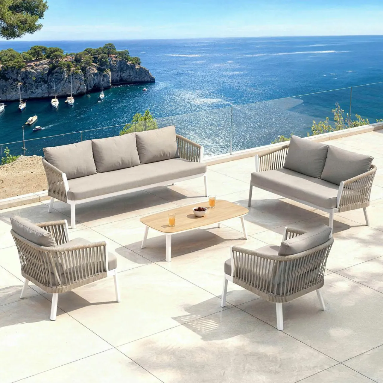 Salon De Jardin|MOBELLIA Salon de jardin en aluminium 7 places 5 pcs Amalfi Blanc et taupe Blanc - Taupe