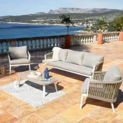 Salon De Jardin|MOBELLIA Salon de jardin en aluminium 5 places 4 pcs Amalfi Blanc et taupe Blanc - Taupe