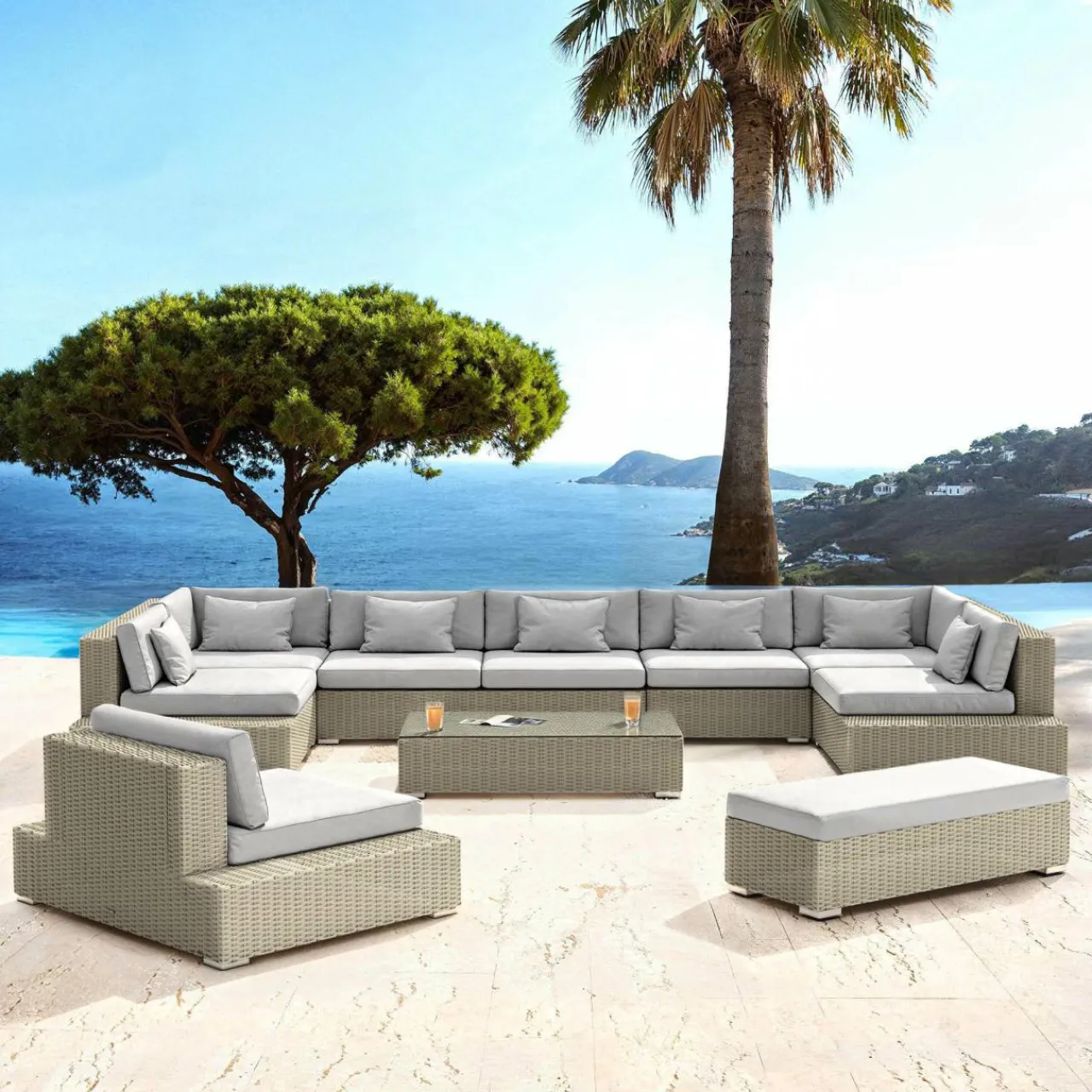 Salon De Jardin|MOBELLIA Salon de jardin en résine tressée 9 places 9 pcs Palma Gris Tresse Gris - Gris