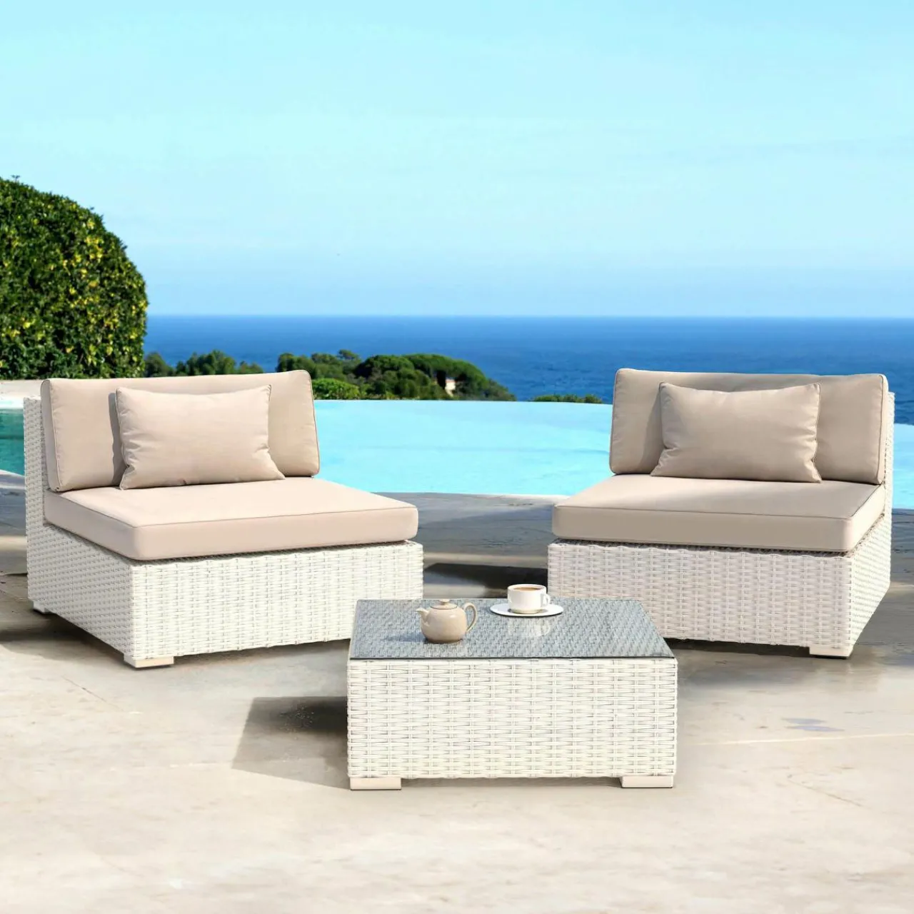 Salon De Balcon|Salon De Jardin|MOBELLIA Salon de jardin en résine tressée 2 places 3 pcs Palma Blanc et taupe Tressé Blanc - Taupe