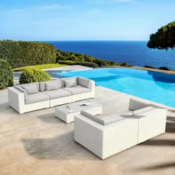 Salon De Jardin|MOBELLIA Salon de jardin en résine tressée 5 places 6 pcs Palma Blanc et gris Tresse Blanc - Gris