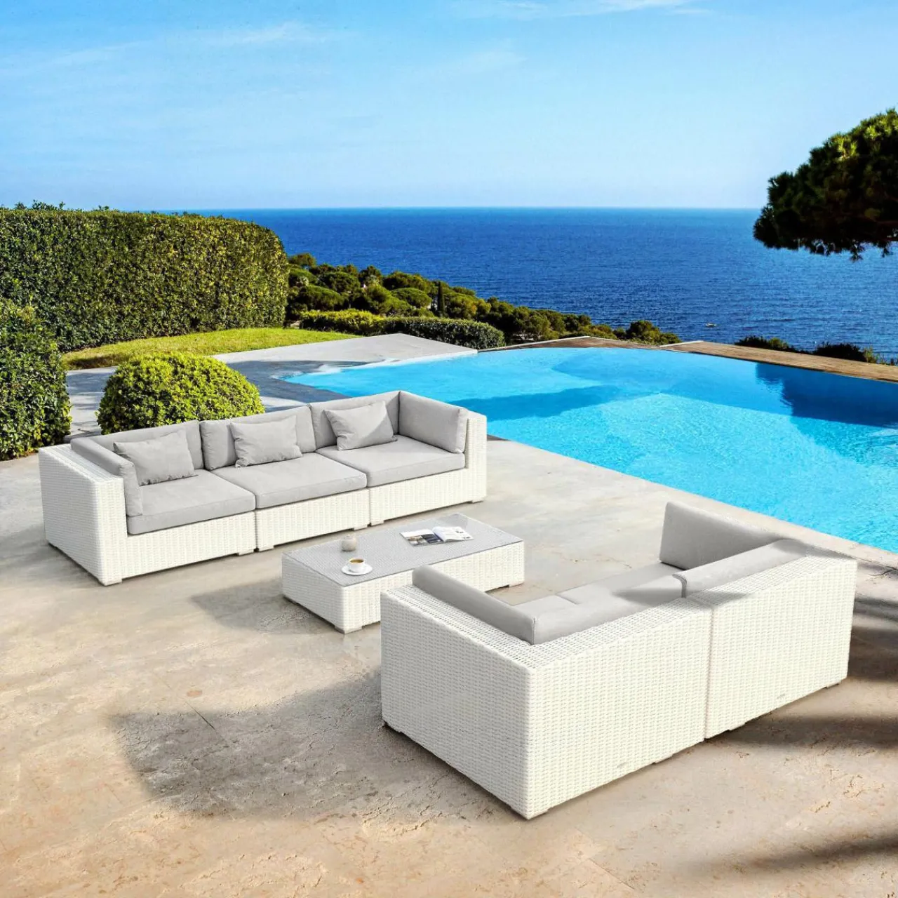 Salon De Jardin|MOBELLIA Salon de jardin en résine tressée 5 places 6 pcs Palma Blanc et gris Tresse Blanc - Gris