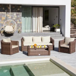 Salon De Jardin|MOBELLIA Salon de jardin en résine tressée 5 places 4 pcs Calvi Sepia et beige Tressé Sepia - Beige