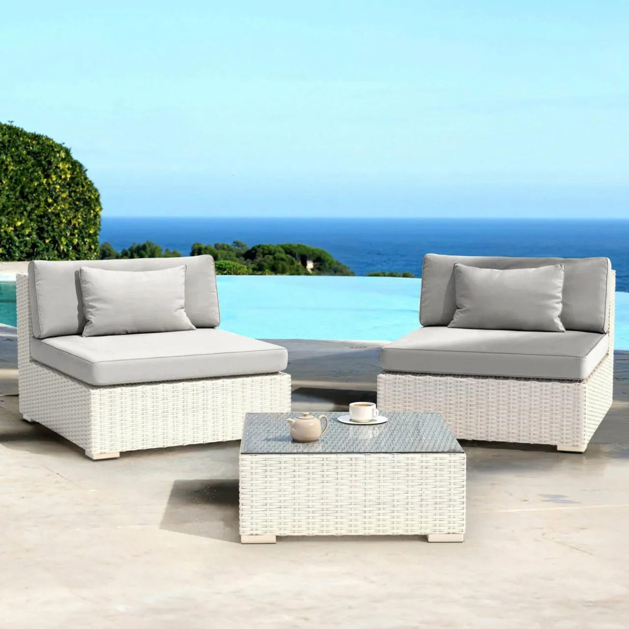 Salon De Balcon|Salon De Jardin|MOBELLIA Salon de jardin en résine tressée 2 places 3 pcs Palma Blanc et gris Tresse Blanc - Gris