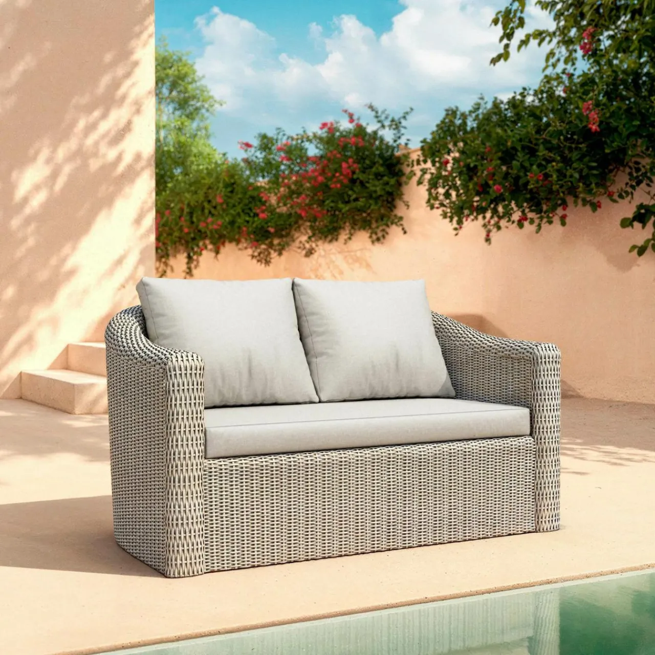 Salon De Jardin|MOBELLIA Salon de jardin en résine tressée 4 places 4 pcs Calvi Gris et gris clair Tressé Gris - Gris clair