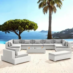 Salon De Jardin|MOBELLIA Salon de jardin en résine tressée 9 places 9 pcs Palma Blanc et gris Tresse Blanc - Gris