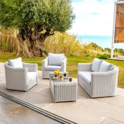 Salon De Jardin|MOBELLIA Salon de jardin en résine tressée 4 places 4 pcs Calvi Blanc et gris clair Tressé Blanc - Gris clair
