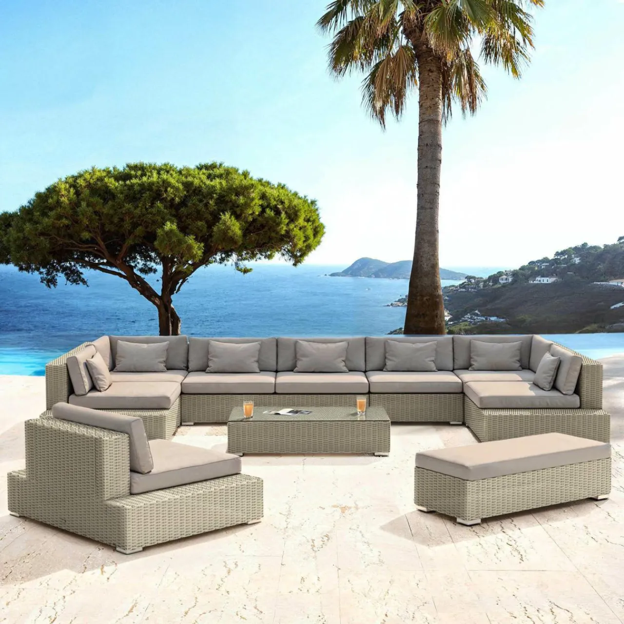 Salon De Jardin|MOBELLIA Salon de jardin en résine tressée 9 places 9 pcs Palma Gris et taupe Tressé Gris - Taupe