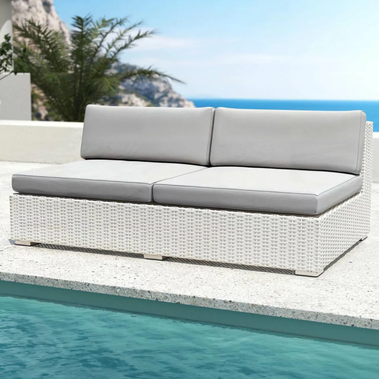 Salon De Jardin|MOBELLIA Salon de jardin en résine tressée 4 places 4 pcs Palma Blanc et gris Tresse Blanc - Gris