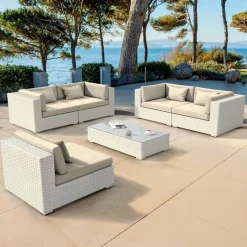 Salon De Jardin|MOBELLIA Salon de jardin en résine tressée 5 places 6 pcs Palma Blanc et beige Tresse Blanc - Beige