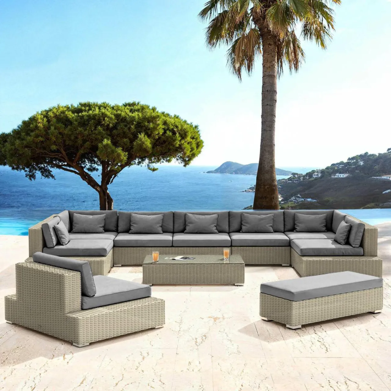 Salon De Jardin|MOBELLIA Salon de jardin en résine tressée 9 places 9 pcs Palma Gris et anthracite Tressé Gris - Anthracite