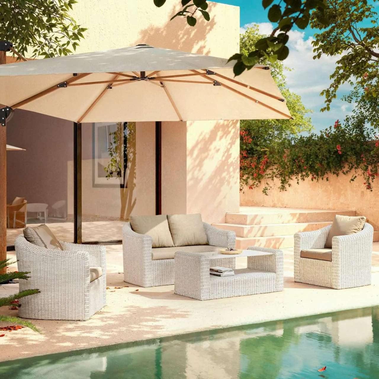 Salon De Jardin|MOBELLIA Salon de jardin en résine tressée 4 places 4 pcs Calvi Blanc et taupe Tressé Blanc - Taupe