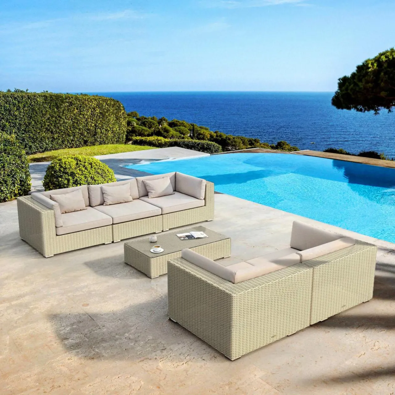 Salon De Jardin|MOBELLIA Salon de jardin en résine tressée 5 places 6 pcs Palma Gris et taupe Tressé Gris - Taupe