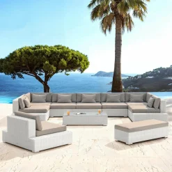 Salon De Jardin|MOBELLIA Salon de jardin en résine tressée 9 places 9 pcs Palma Blanc et taupe Tressé Blanc - Taupe