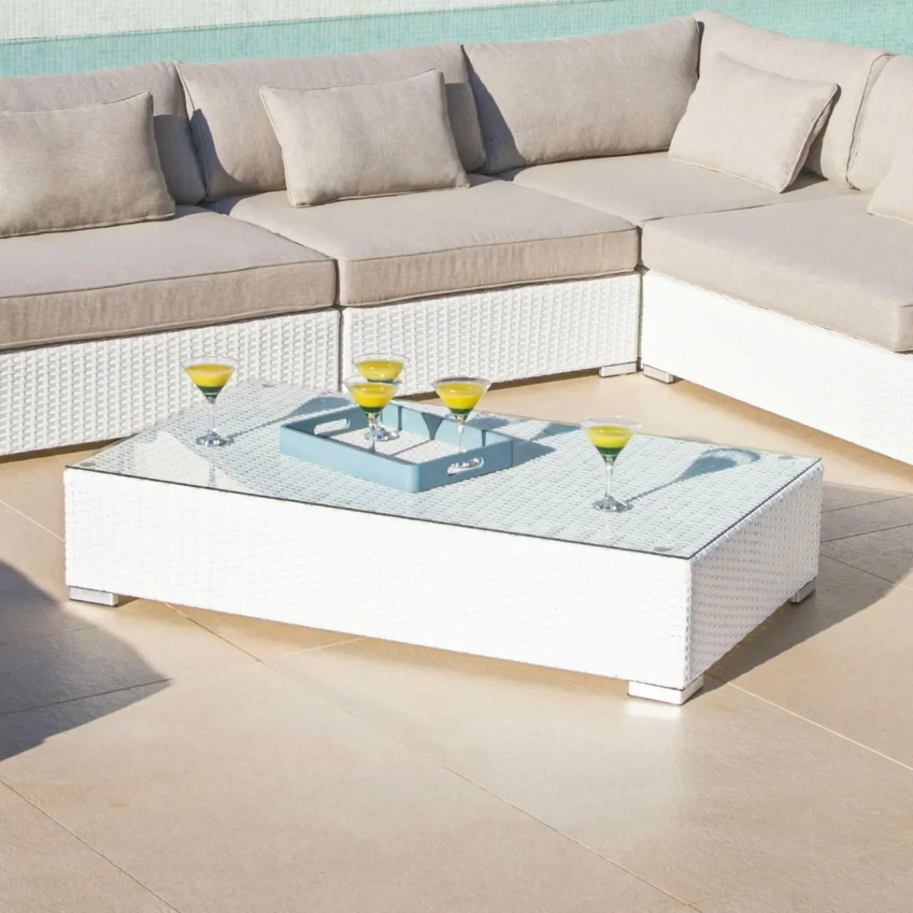 Salon De Jardin|MOBELLIA Salon de jardin en résine tressée 9 places 9 pcs Palma Blanc et taupe Tressé Blanc - Taupe