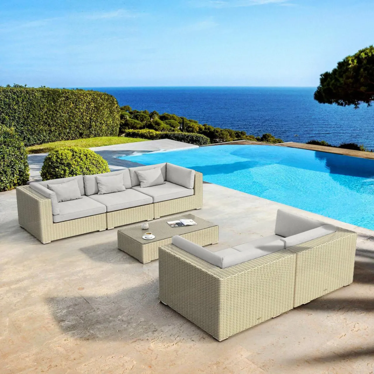 Salon De Jardin|MOBELLIA Salon de jardin en résine tressée 5 places 6 pcs Palma Gris Tresse Gris - Gris