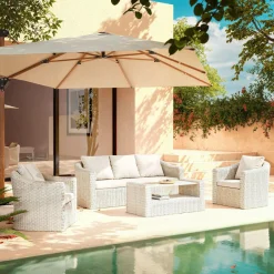 Salon De Jardin|MOBELLIA Salon de jardin en résine tressée 5 places 4 pcs Calvi Blanc Tressé Blanc - Blanc