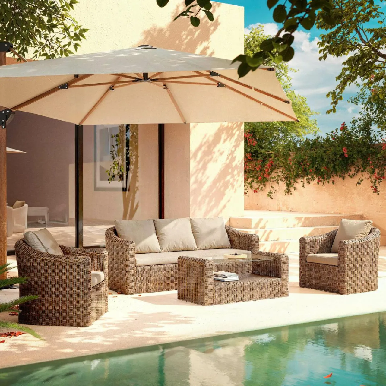 Salon De Jardin|MOBELLIA Salon de jardin en résine tressée 5 places 4 pcs Calvi Sepia et taupe Tressé Sepia - Taupe