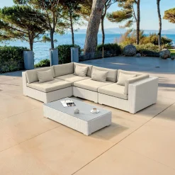 Salon De Jardin|MOBELLIA Salon de jardin en résine tressée 4 places 5 pcs Palma Blanc et beige Tresse Blanc - Beige