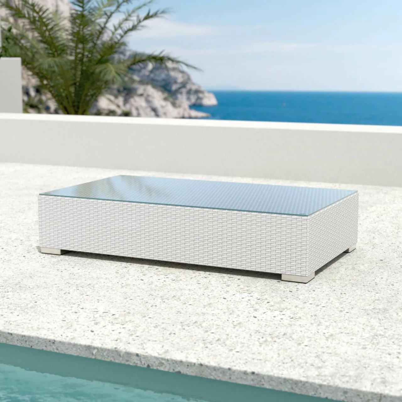 Salon De Jardin|MOBELLIA Salon de jardin en résine tressée 4 places 5 pcs Palma Blanc et beige Tresse Blanc - Beige