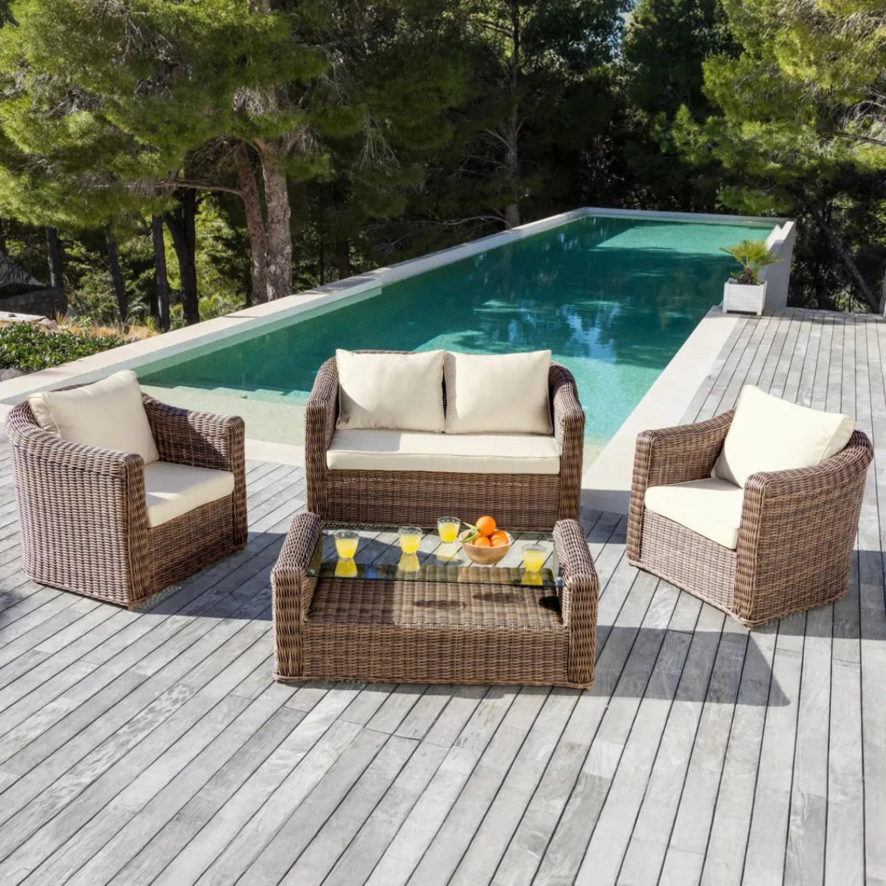 Salon De Jardin|MOBELLIA Salon de jardin en résine tressée 4 places 4 pcs Calvi Sepia et beige Tressé Sepia - Beige