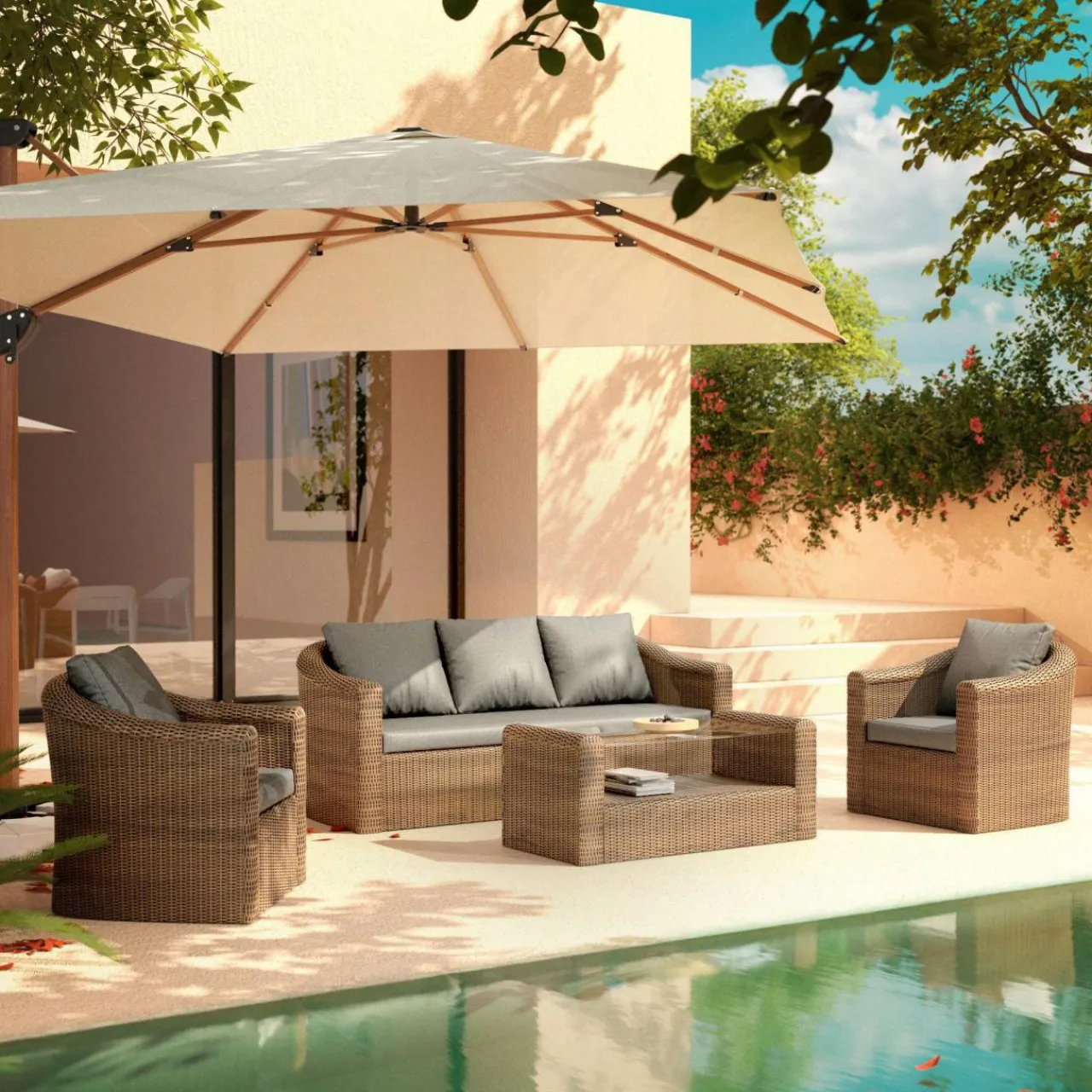 Salon De Jardin|MOBELLIA Salon de jardin en résine tressée 5 places 4 pcs Calvi Sepia et gris foncé Tressé Sepia - Anthracite