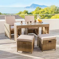 Salon De Jardin|Salon De Balcon|MOBELLIA Salon de jardin encastrable résine tressée 4 places Menorca et beige Sépia