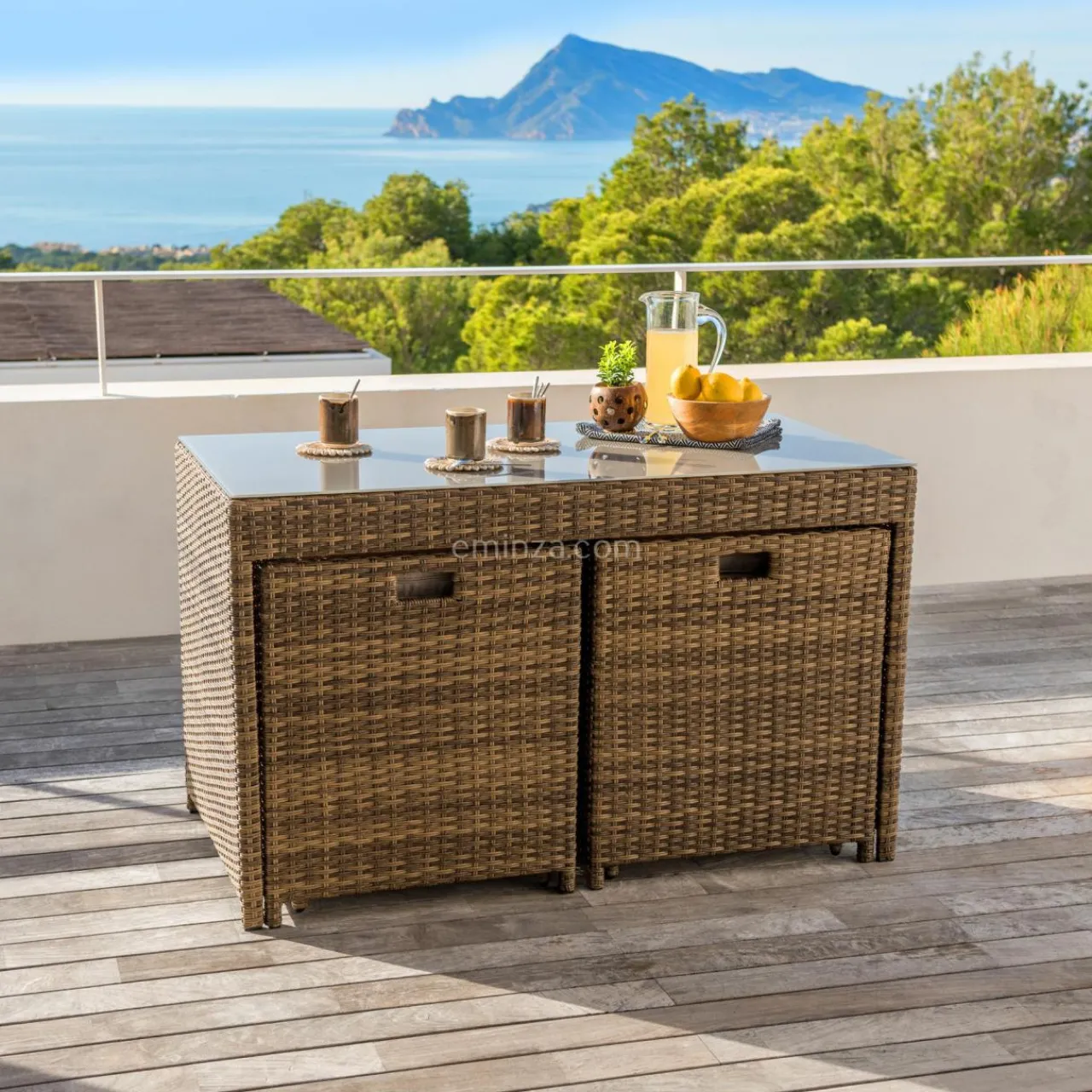 Salon De Jardin|Salon De Balcon|MOBELLIA Salon de jardin encastrable résine tressée 4 places Menorca et beige Sépia